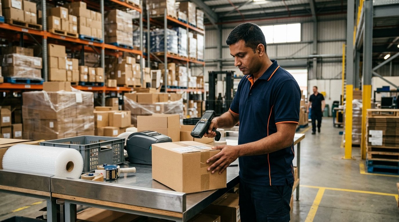 Warehouse employee scanning cartons during packing